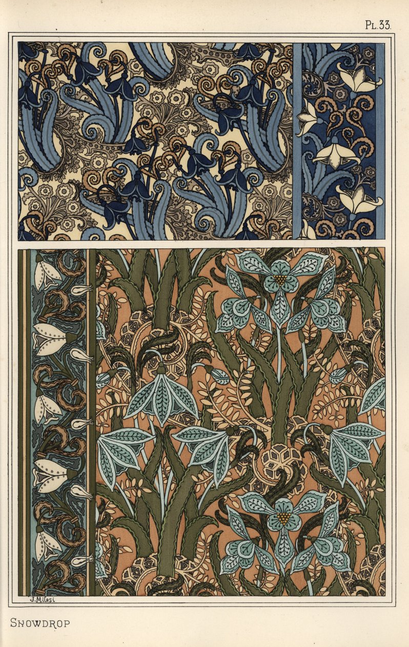 Schneeglöckchen, Galanthus nivalis, als Designmotiv in Tapeten, Rändern und Stoffen von Eugene Grasset