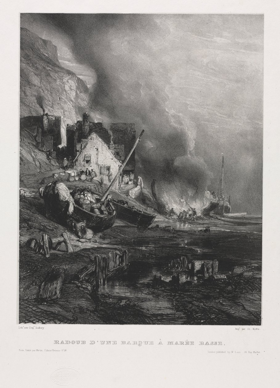 Sechs Marinesoldaten: Überholung eines Bootes bei Ebbe, 1833 von Eugene Isabey