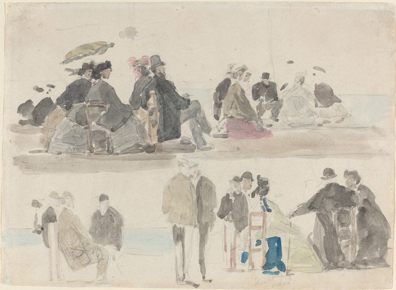 Damen und Herren am Strand, in zwei Registern, ca. 1865 von Eugene Louis Boudin