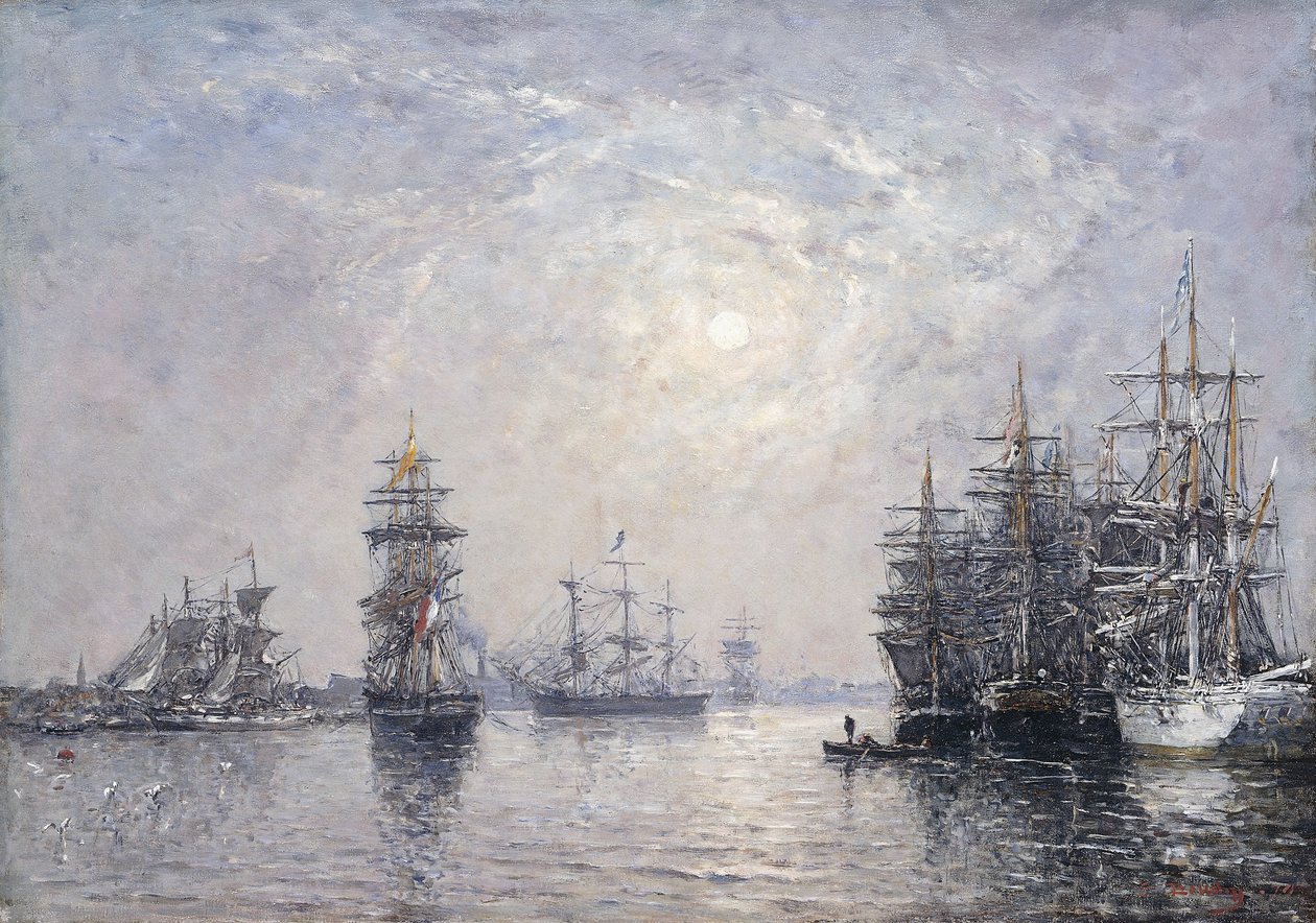 Le Havre, Eure-Becken, Segelboote vor Anker, Sonnenuntergang, 1870 von Eugene Louis Boudin