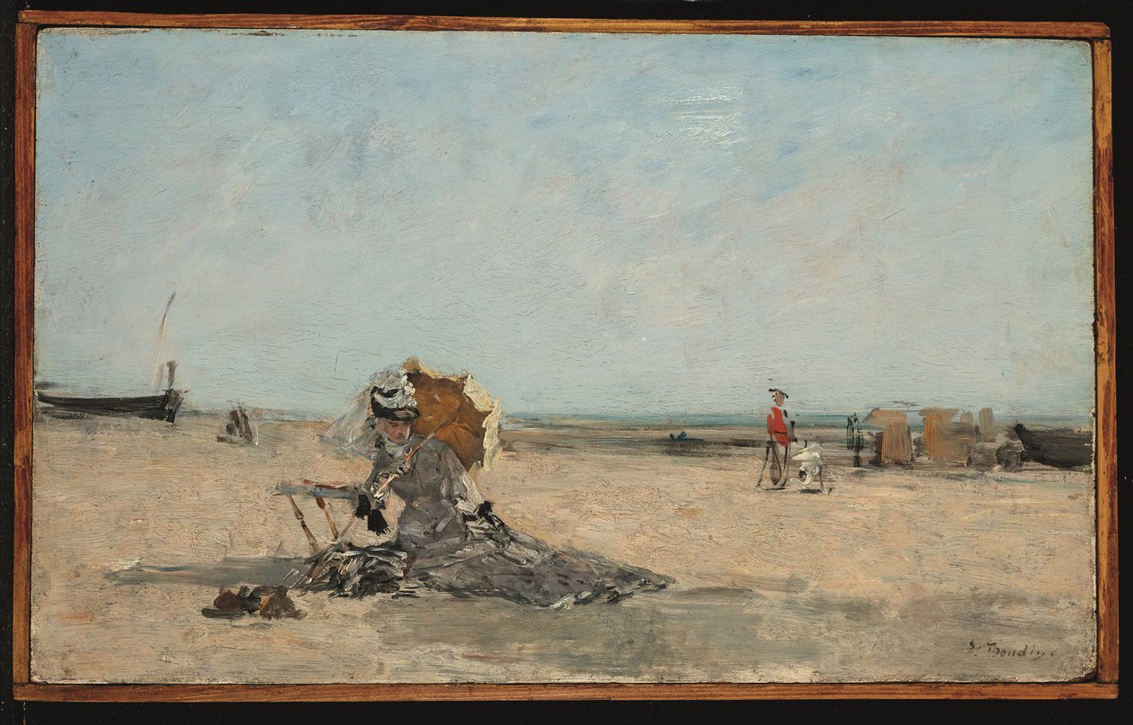 Frau mit einem Regenschirm am Strand, um 1880-85 von Eugene Louis Boudin
