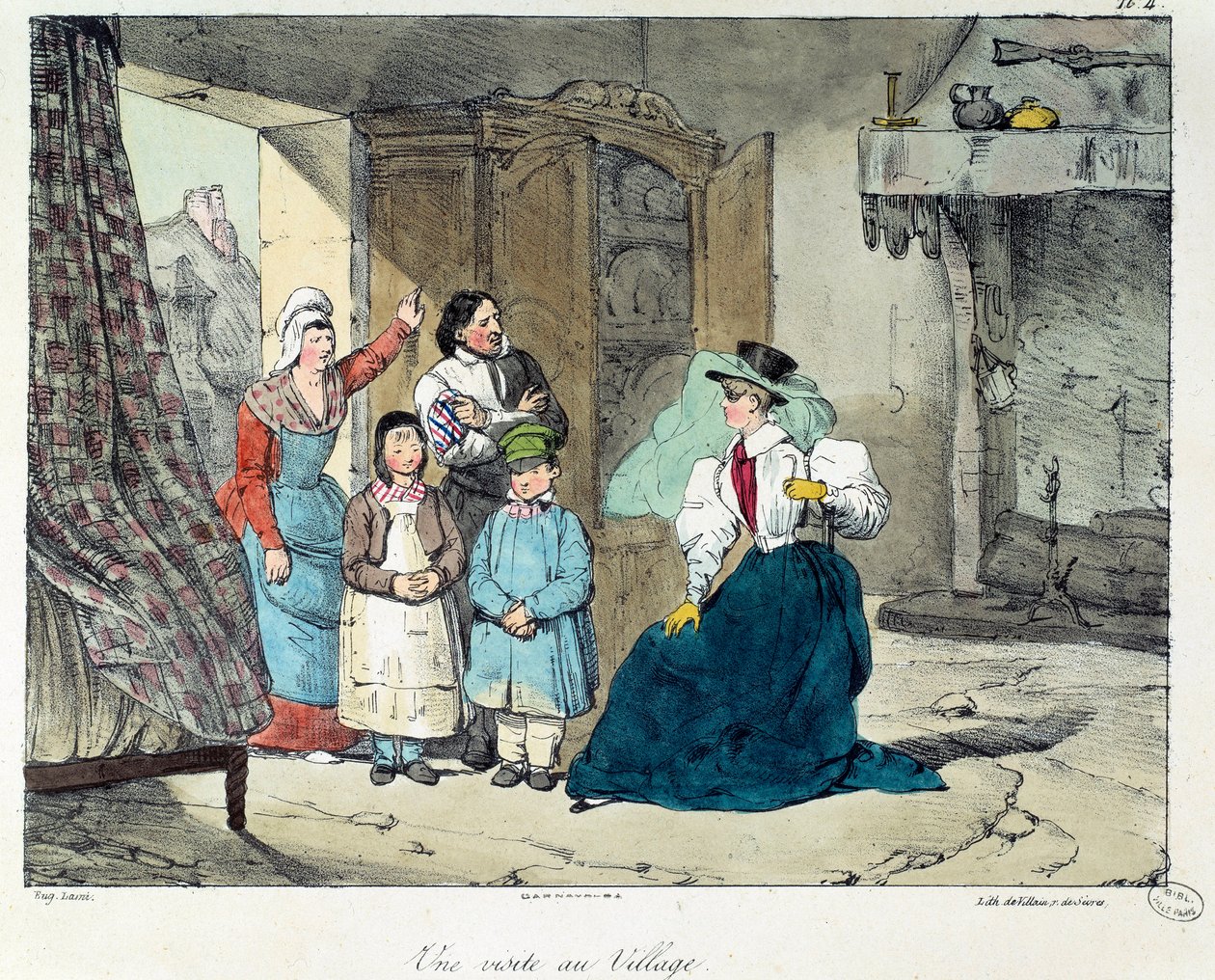 Ein Besuch im Dorf. Eine reiche Frau besucht eine arme Familie. Illustration aus dem Buch „La vie de château“. Gravur von Eugene Louis Lami (1800-1890) von Eugene Louis Lami