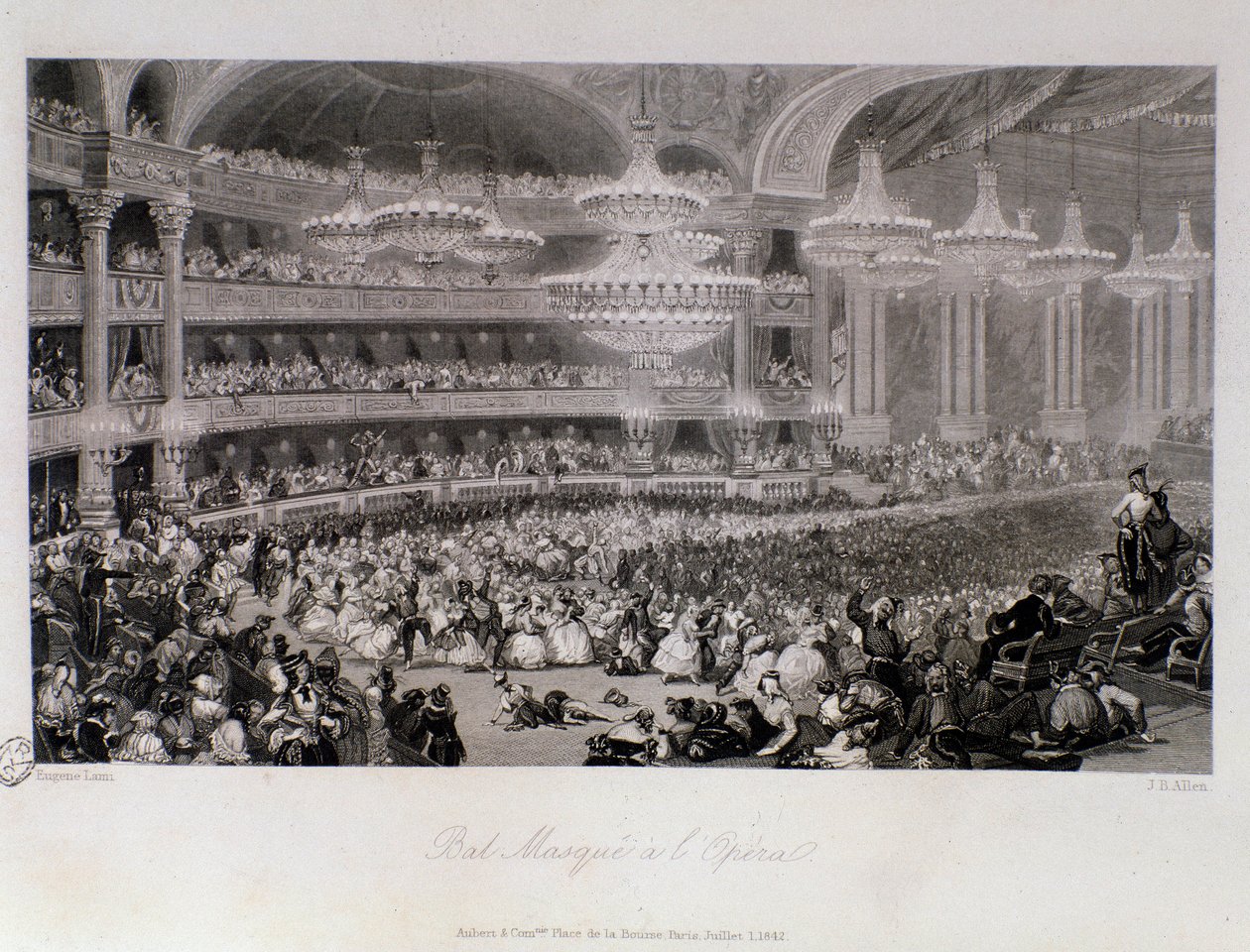 Maskenball in der Oper von Paris. Gravur von Eugene Louis Lami (1800-1890) 1843 von Eugene Louis Lami