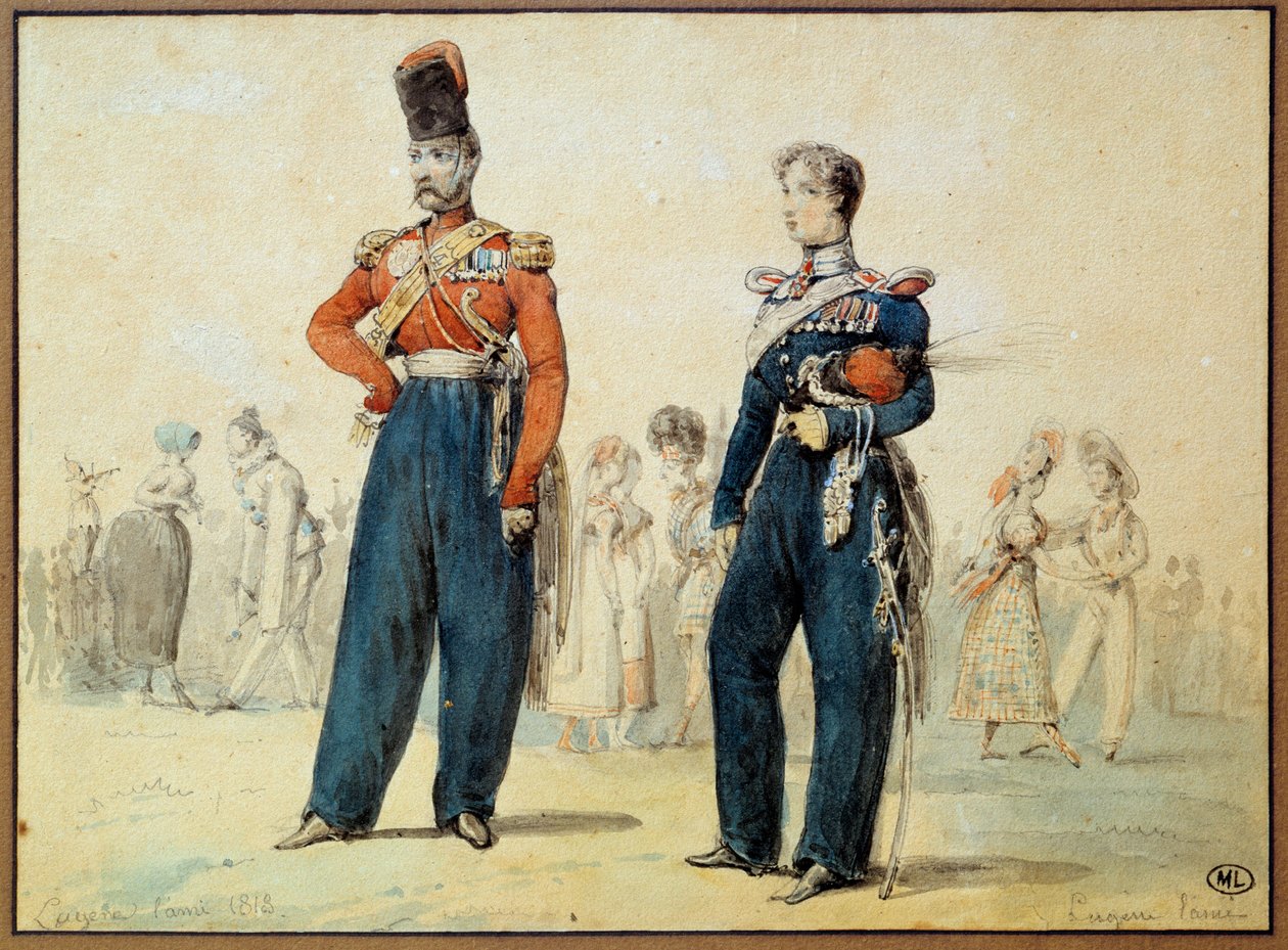 Ballanzug: zwei Männer in Militäruniform von Eugene Louis Lami