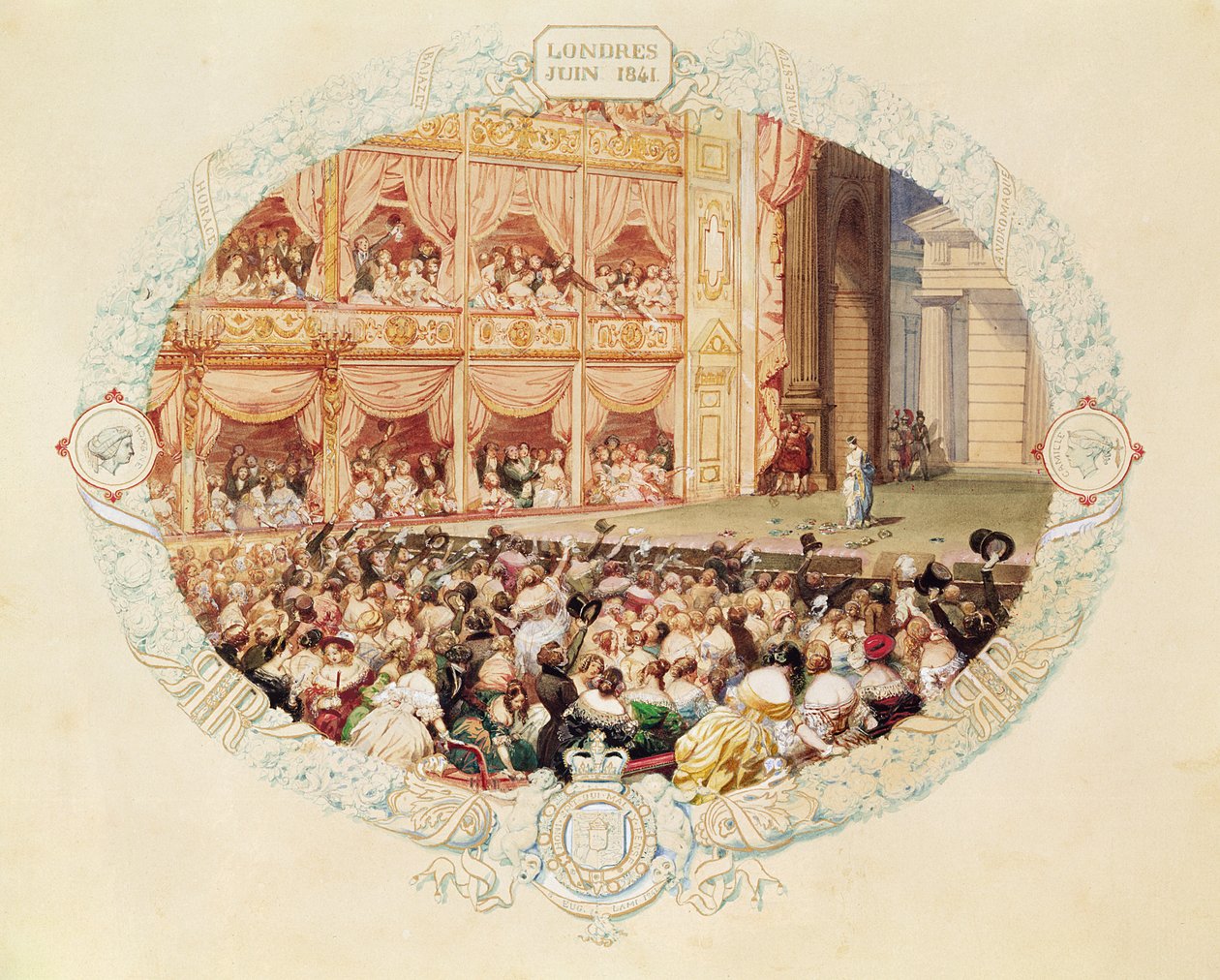 Innenansicht des Theaters Ihrer Majestät, Ende der Saison 1841 - Abschied von Mlle Rachel von Eugene Louis Lami