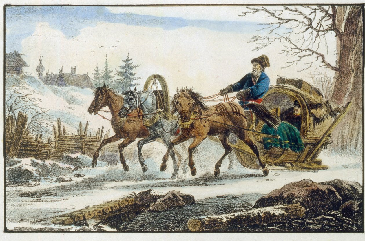 Pferdeschlitten mit Reisenden (Troika Kibitka) von Eugéne Pluchart