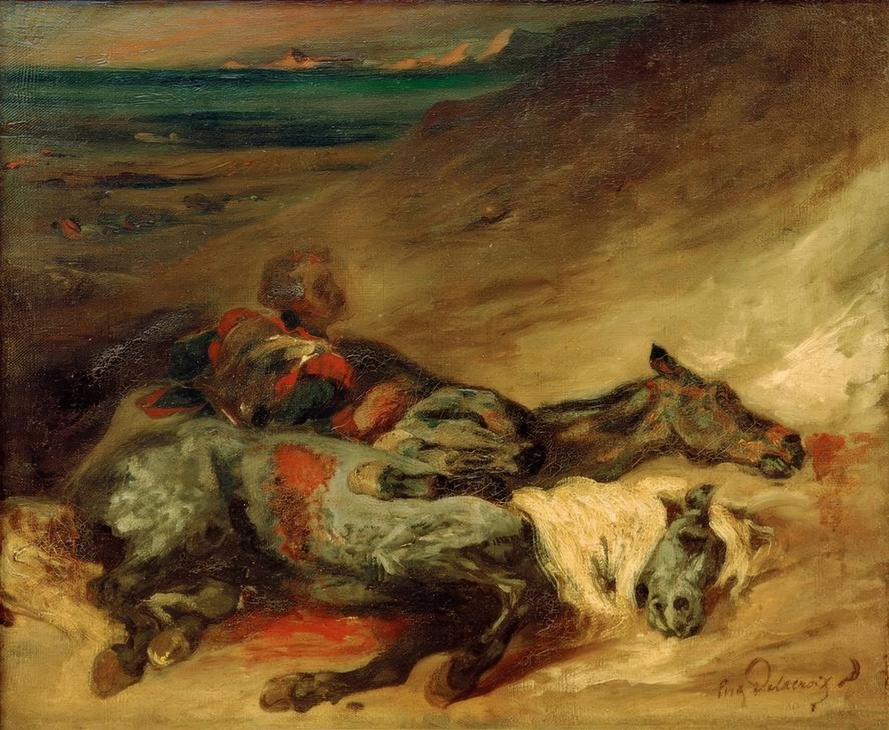 Die zwei toten Pferde auf dem Schlachtfeld von Ferdinand Victor Eugene Delacroix