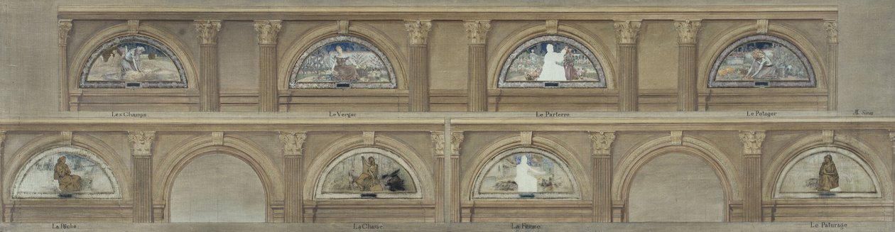 Skizze für das Esszimmer des Hôtel de Ville de Paris: Die Felder. Der Obstgarten. Das Blumenbeet. Der Gemüsegarten. Das Angeln. Die Jagd. Der Bauernhof. Die Weide, ca. 1891 von Eugène Martial Simas
