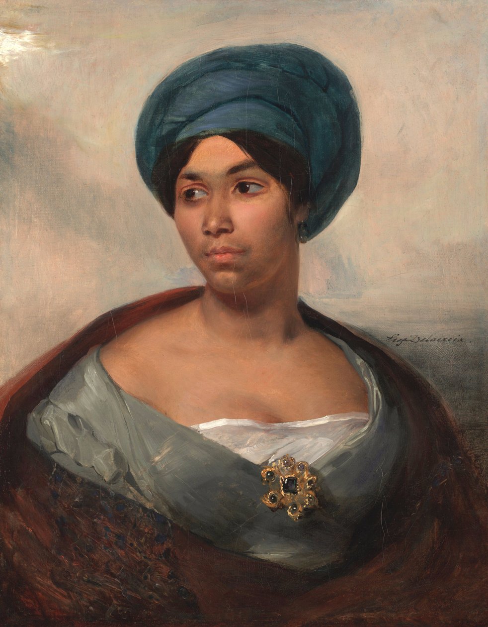 Porträt einer Frau mit blauem Turban von Eugène Delacroix