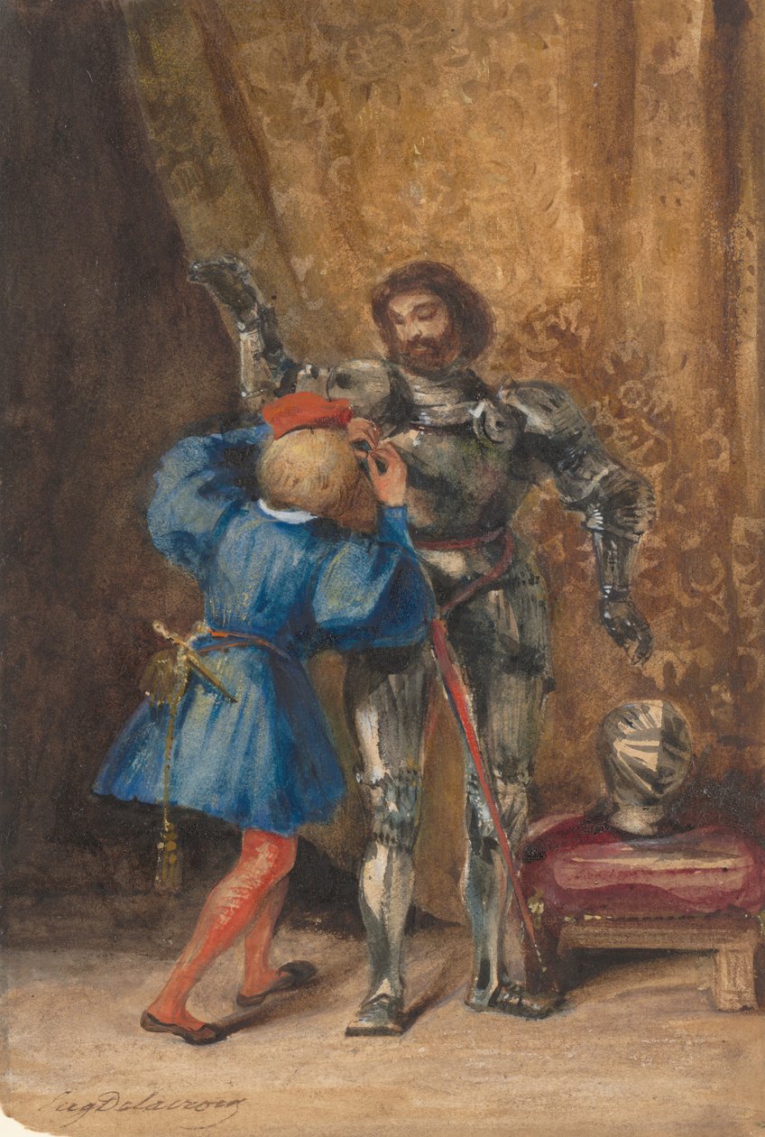 Goetz von Berlichingen wird von seinem Pagen George in Rüstung gekleidet, 1826-27 von Eugène Delacroix