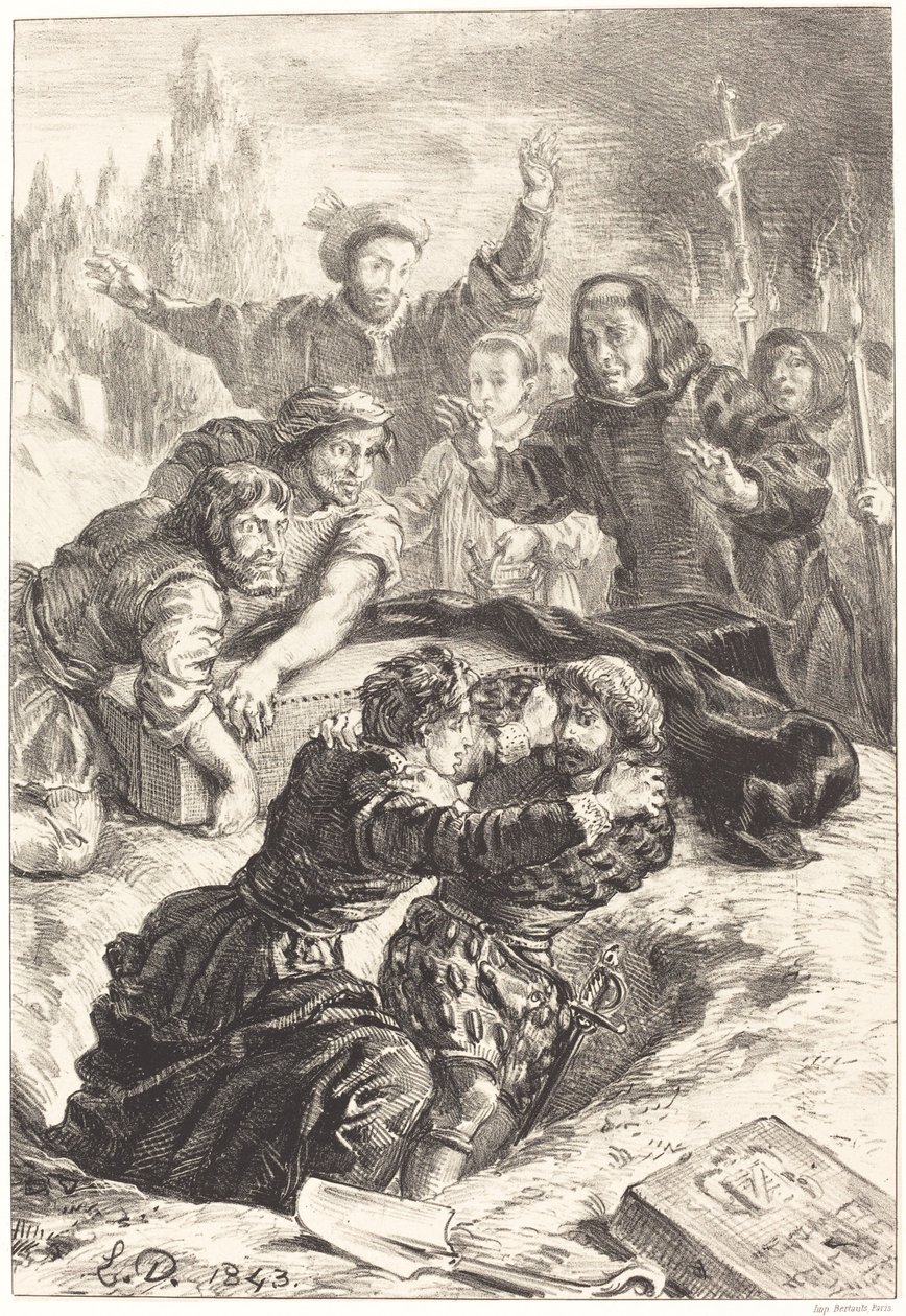 Hamlet und Laertes im Grab von Ophelia (Akt V, Szene I) von Eugène Delacroix