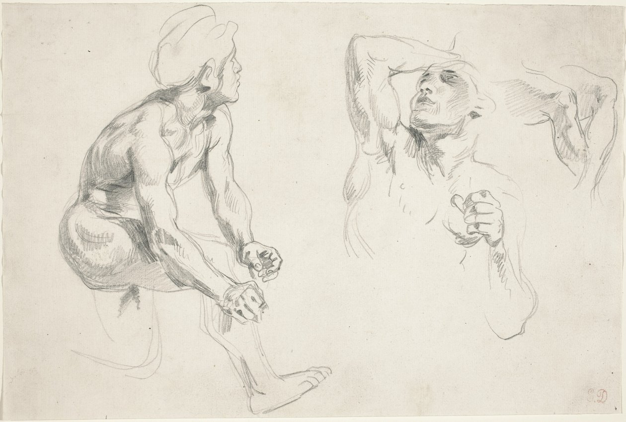 Männlicher Akt, posierend für Figuren in der "Frise de la Guerre" von Eugène Delacroix