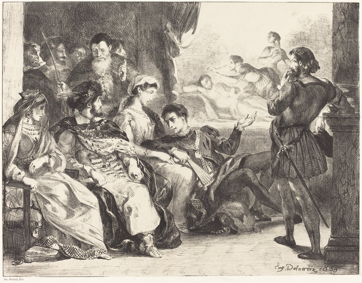 Spieler stellen die Vergiftung von Hamlets Vater dar, Akt III, Szene II, 1835 von Eugène Delacroix