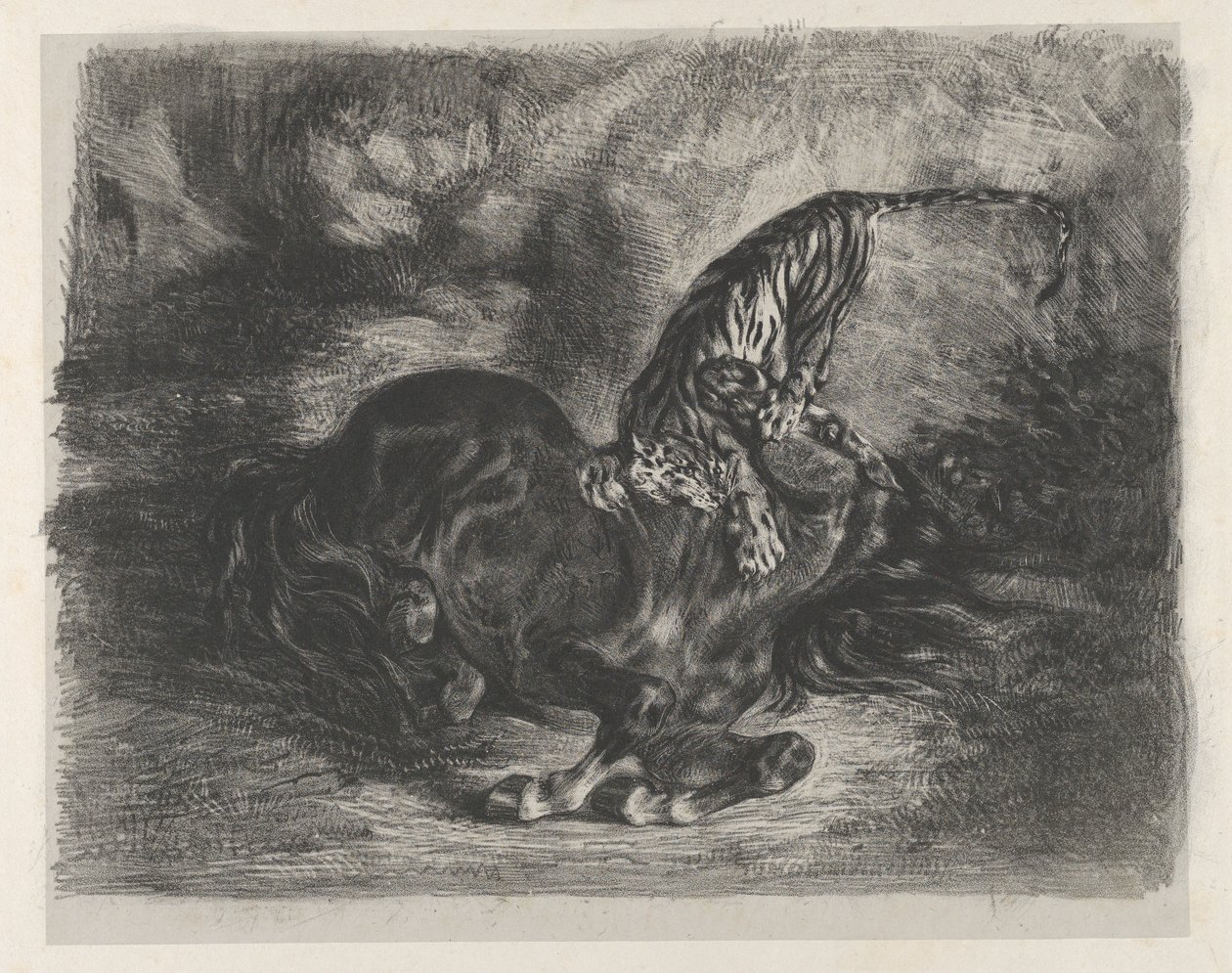 Wildes Pferd von einem Tiger gefällt, 1828 von Eugène Delacroix