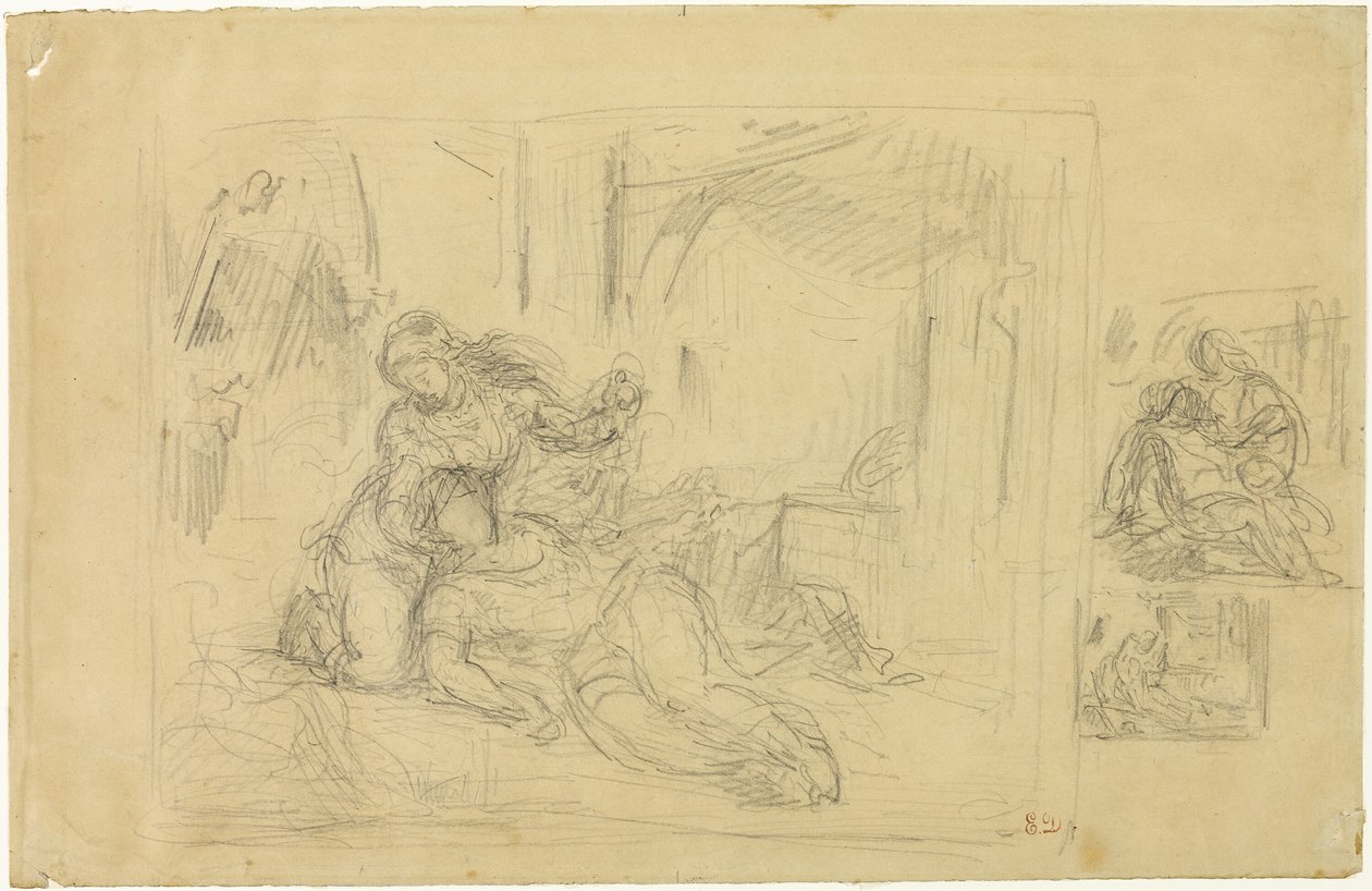 Sterbende Frau(?), Mann im Schlafzimmer, zwei Skizzen desselben von Eugène Delacroix