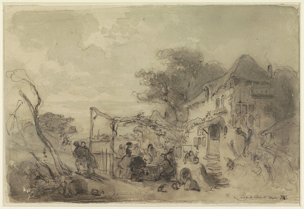 Gesellschaft auf einer Terrasse vor einem Gasthaus entlang einer Straße von Eugène François de Block