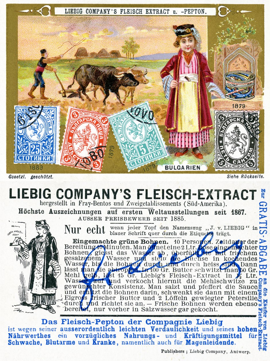 Bulgarische Briefmarken, Vorder- und Rückseite einer Liebig-Werbekarte, 1897 von European School