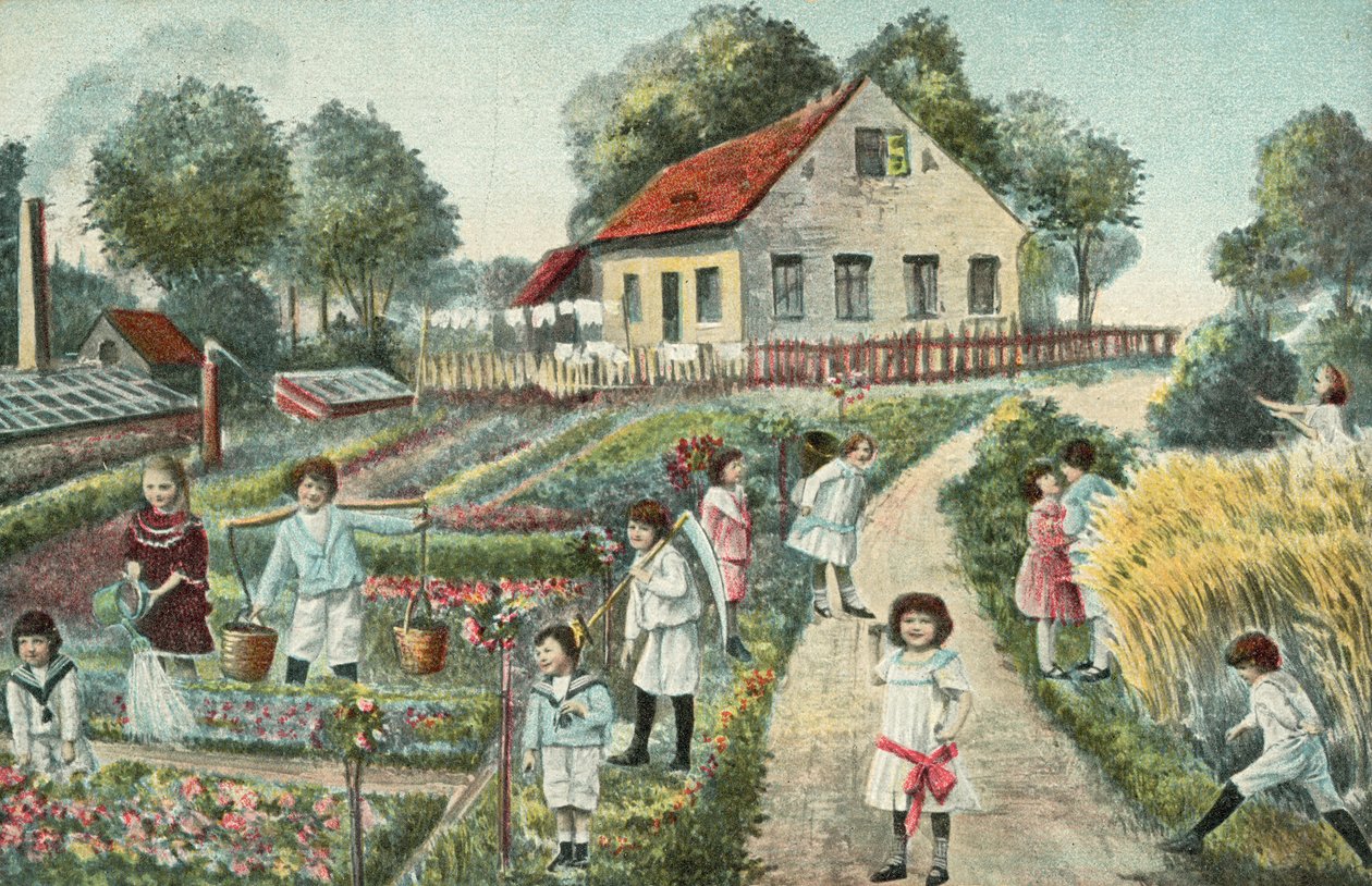Kinder in einem Garten oder Schrebergarten von European School