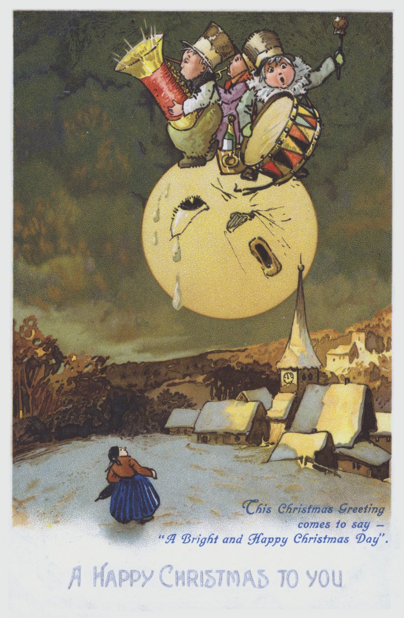 Weihnachtsgrußkarte mit einer Band von Musikern auf dem Mond über einer verschneiten Stadt von European School