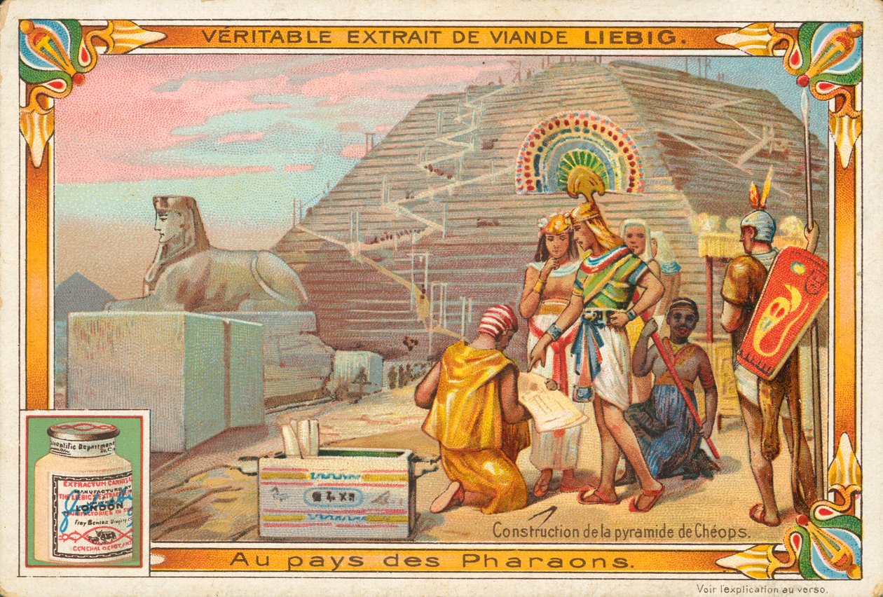 Bau der Cheops-Pyramide, Liebig-Karte, frühes 20. Jahrhundert von European School