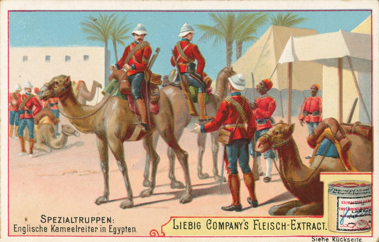 Englische Soldaten auf Kamelen, Liebig-Karte, frühes 20. Jahrhundert von European School