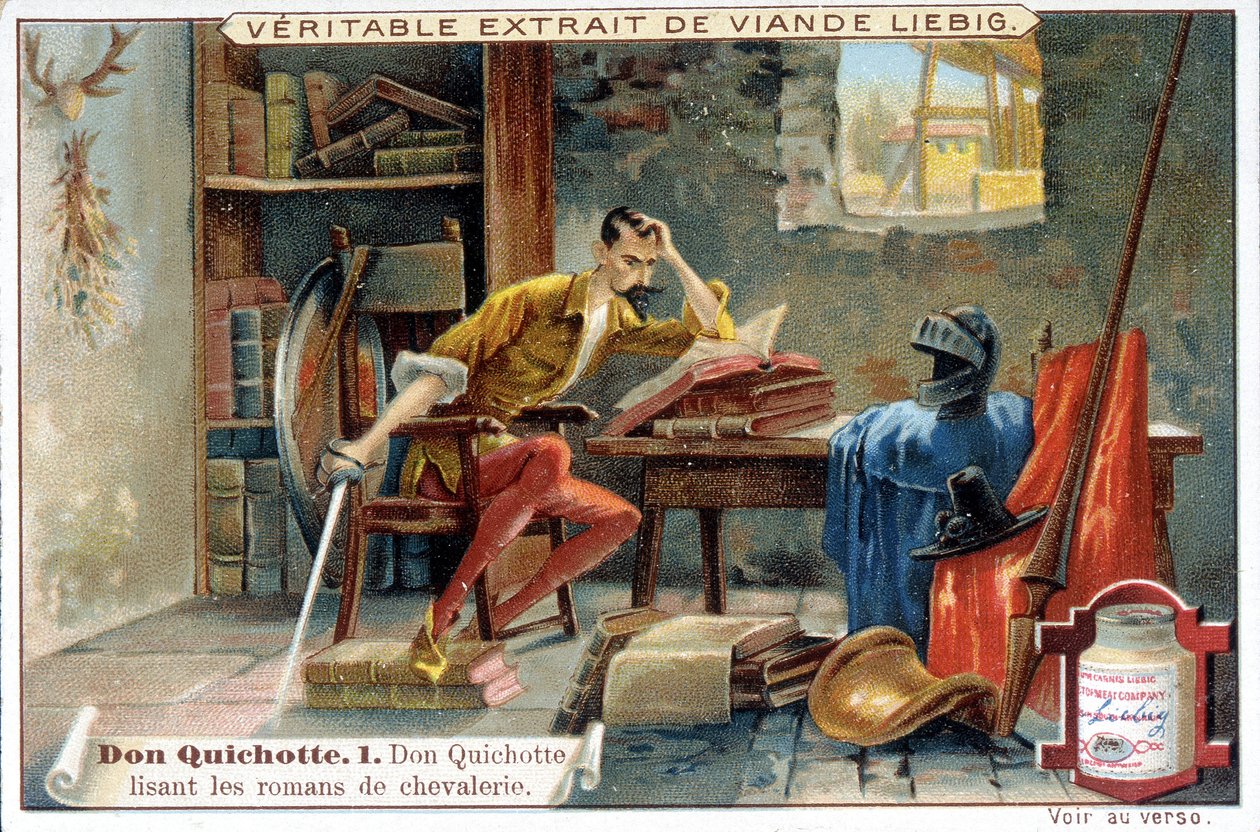 Liebig-Chromolithographie: "Don Quixote"-Serie, Nr. 1: Don Quixote liest die Ritterromane. von European School