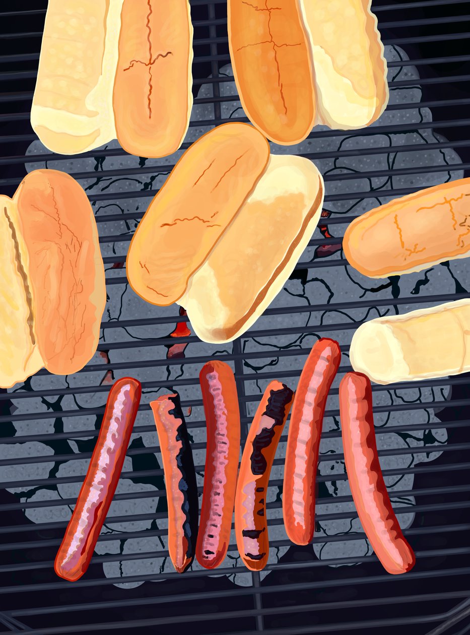6 Hot Dogs auf dem Grill, Südseite der Straße von Evan Sklar