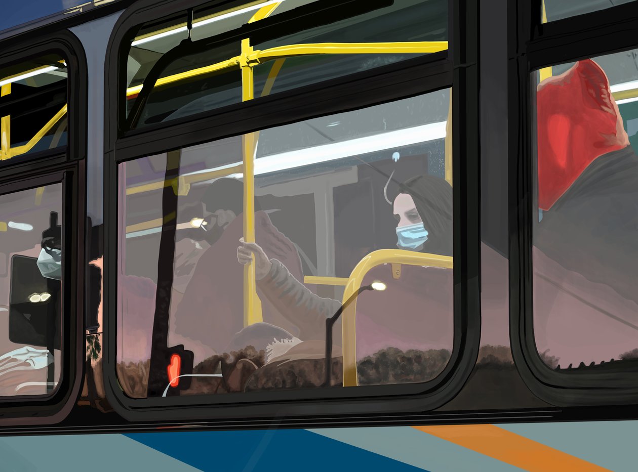 Frühmorgendliche Pendler im Bus, Brooklyn von Evan Sklar