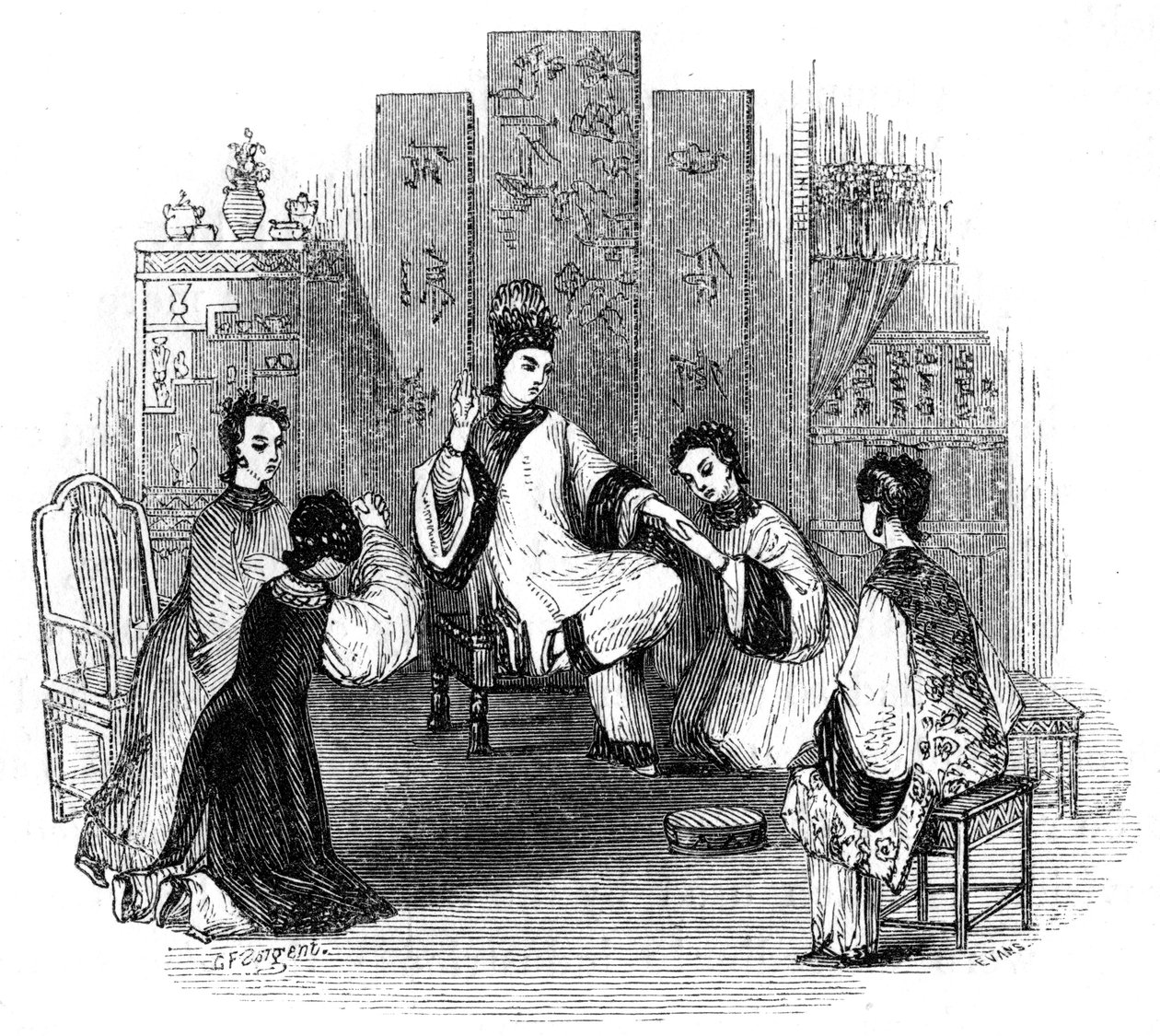 Chinesische Mädchen weinen mit einer Braut, 1847 von Evans