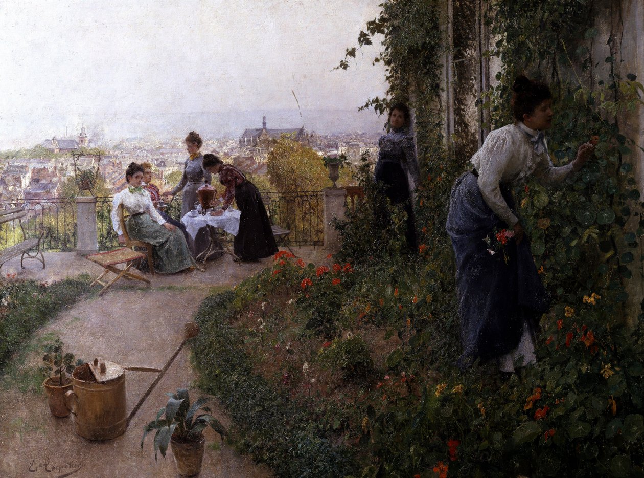Ein Sommernachmittag in Lüttich, Belgien. Frauen auf einer Terrasse trinken Tee. Eine von ihnen pflückt Blumen. Gemälde von Evariste Carpentier von Evariste Carpentier