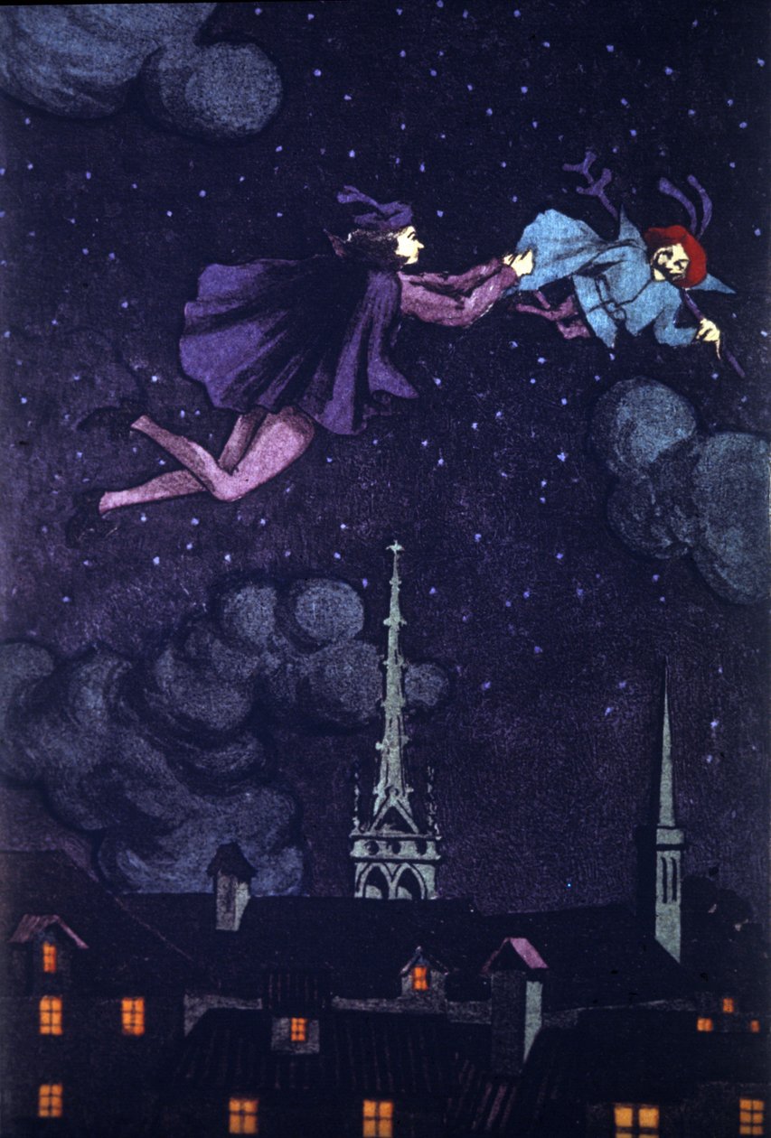 Illustration für den Roman „Der lahme Teufel“ von Alain Rene Lesage (Alain-Rene Le Sage) (1668-1747) (1707). Zeichnung von E.Torrent, ca. 1930. von Evelio Torrent