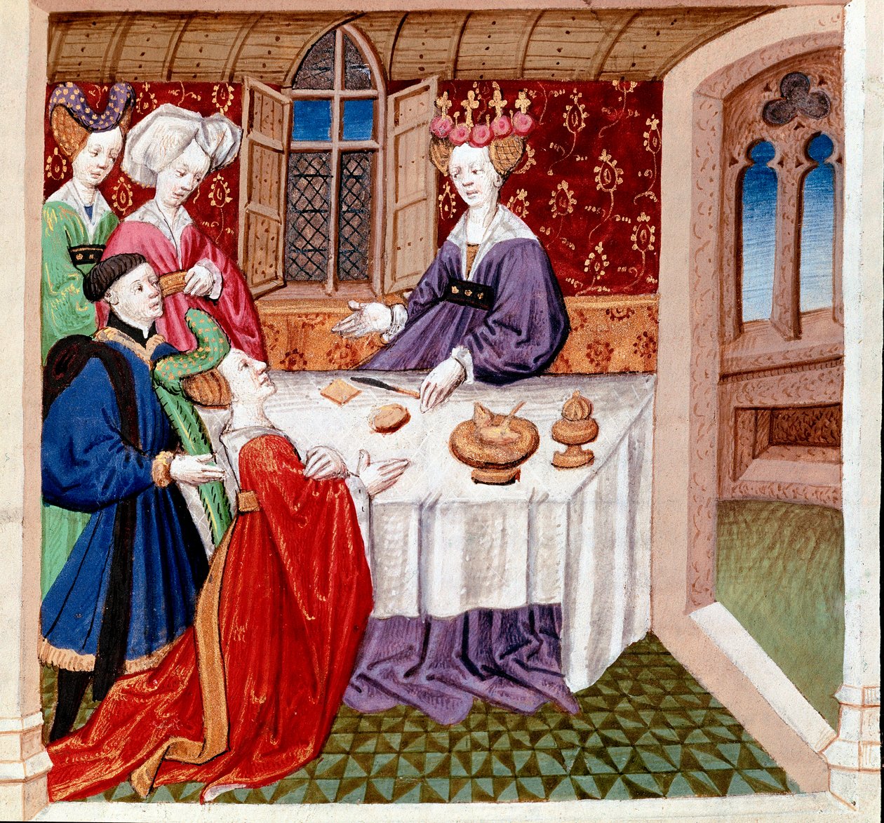 Iseut (oder Iseult) bittet um den Schutz von Königin Guenevre, die an ihrem Tisch sitzt. Miniatur aus „Romanesque du Chevalier Tristan et de la reine Yseult“ von Gassien de Poitiers, illuminiert von Everard de Espinques (15. Jahrhundert) von Everard de Espinques