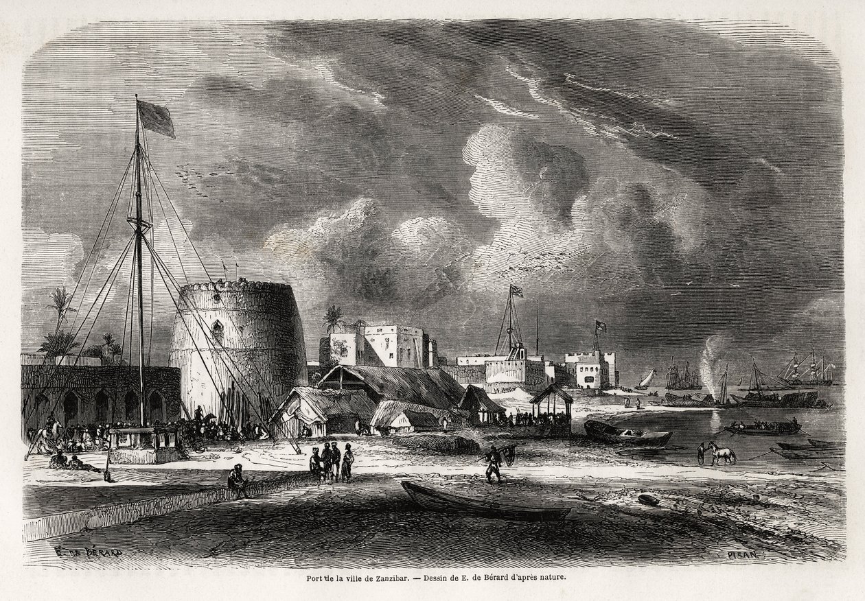 Hafen der Stadt Sansibar (heutiges Tansania), Zeichnung von Evremond de Berard (1824-1881), zur Illustration der Reise von Captain Burton zu den Großen Seen Ostafrikas in den Jahren 1857-1859. Gravur in „Le tour du monde, nouveau journal des voyages“ Paris von Evremond de (after) Berard
