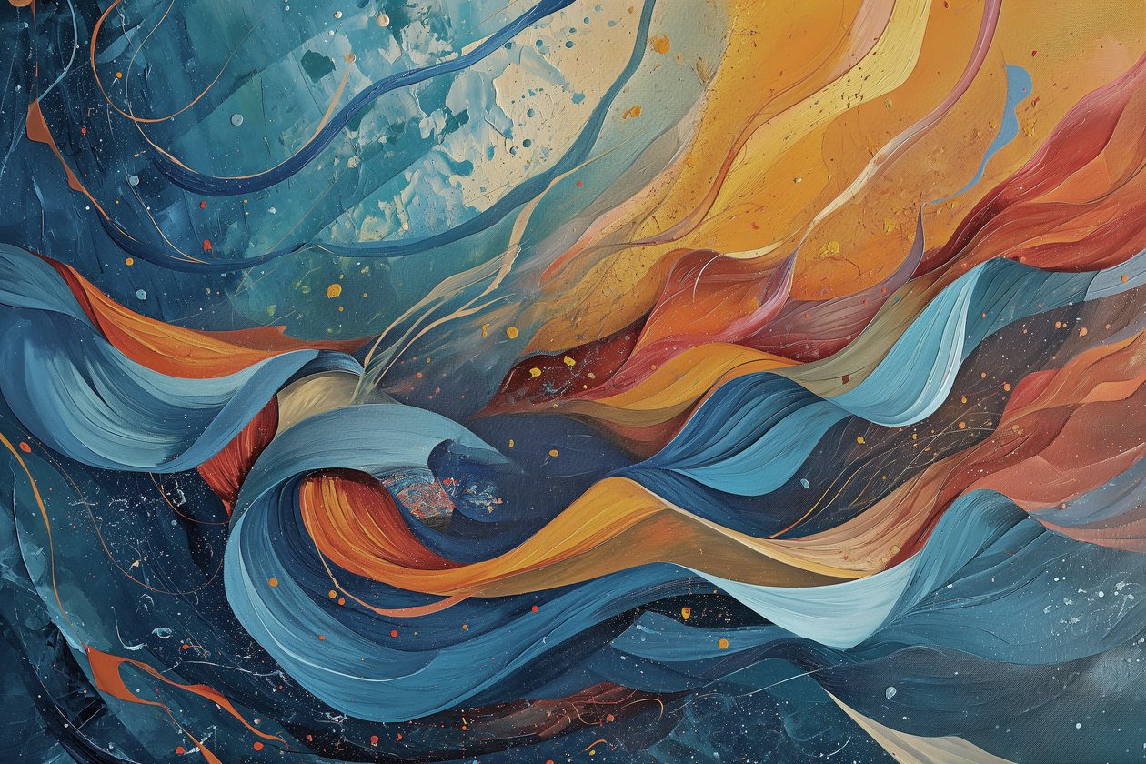 Abstraktes Gemälde in Wellen von Blau, Orange und Gelb von F. Abderrahim