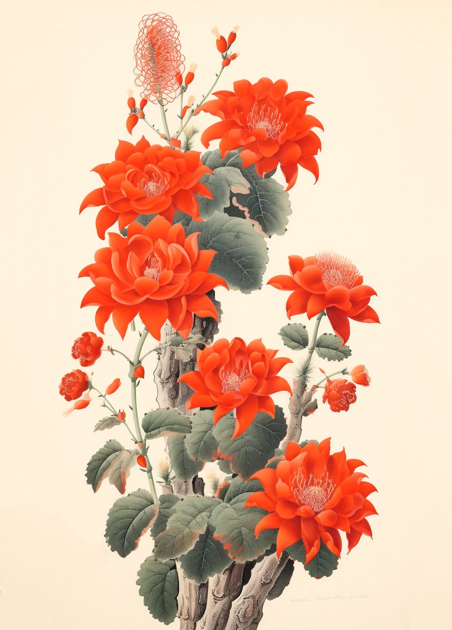Abstrakter Kaktus mit Blumen, japanischer Holzschnitt, gerahmte Wandkunst von F. Abderrahim