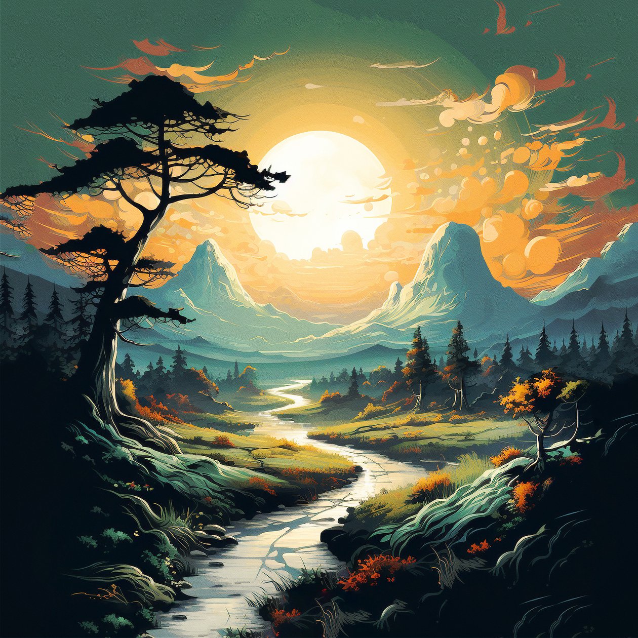Berg- und Flusslandschaft Sonnenaufgang, Leinwand- & Wandkunstdrucke online von F. Abderrahim