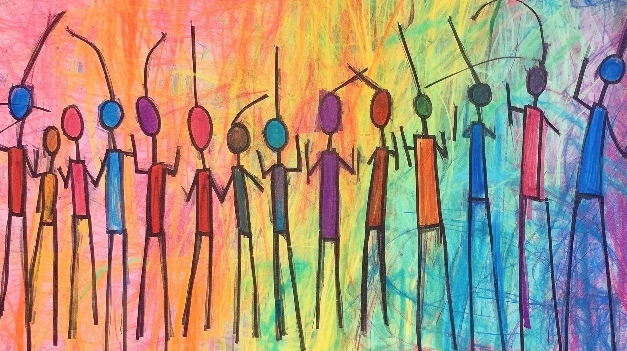 Primitives Gemälde einer Menschenmenge (minimalistisches Porträt) von F. Abderrahim