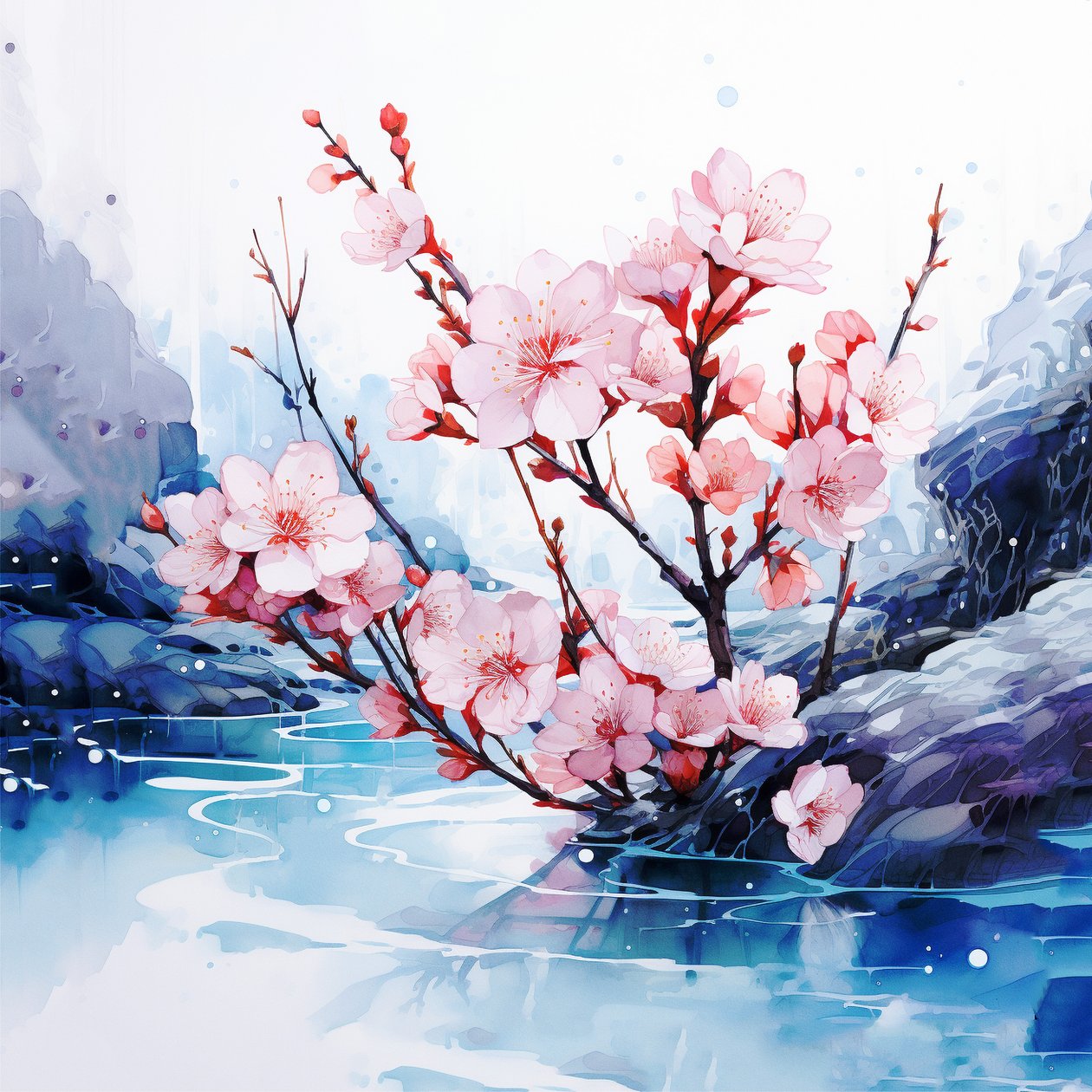 Surreales Aquarellgemälde japanischer Kirschblüten von F. Abderrahim