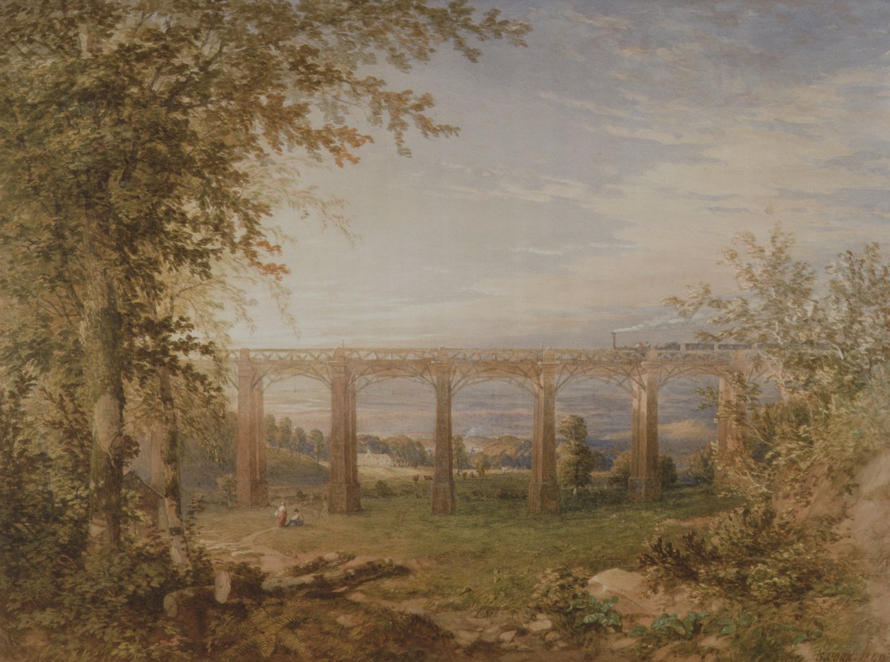 Ein Ziegel- und Holzbahnviadukt mit Dampflok, 1849 von F. S. Cook
