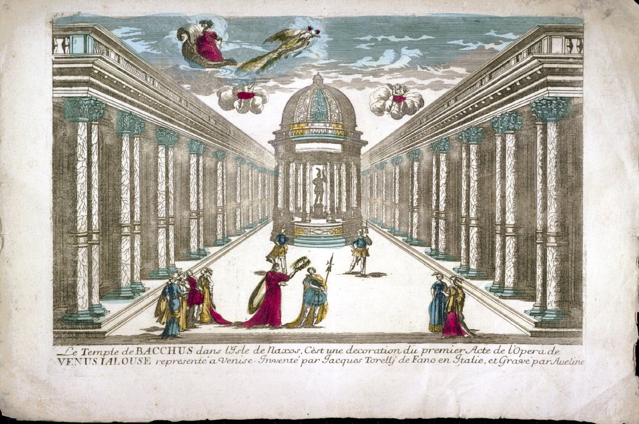 Der Tempel des Bacchus Illustration für den ersten Akt der Oper „La venere gelosa“ (Venus eifersüchtig) von Francesco Sacrati. Dekor von Jacopo Torelli von Family Aveline