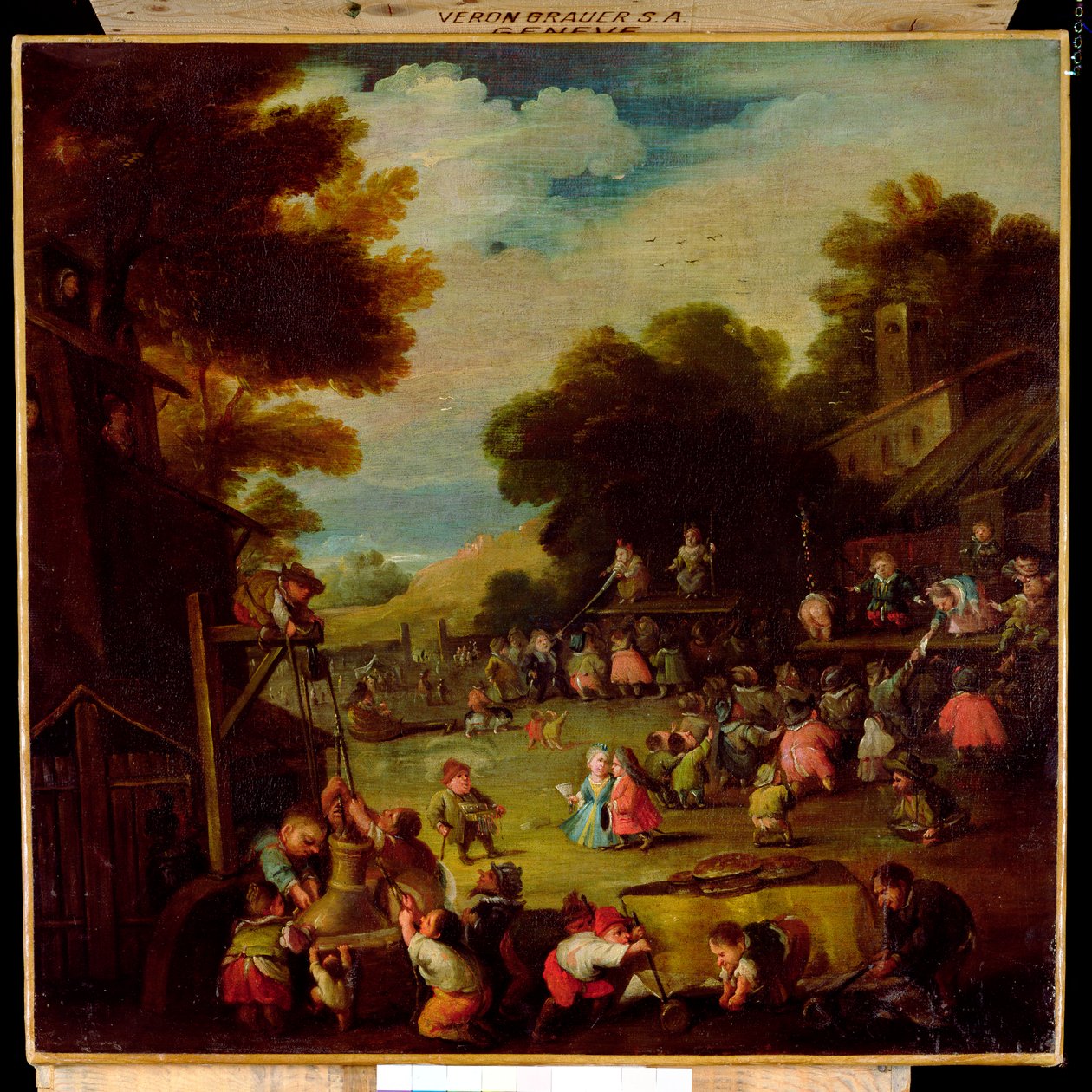 Pygmäen auf einem Jahrmarkt, Wasser aus einem Brunnen schöpfend im Vordergrund und Theateraufführungen beobachtend im Hintergrund von Faustino Bocchi or Boccasi