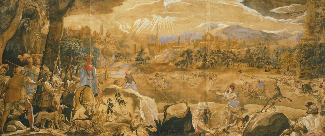 Jagdszene mit imaginärem Florenz, von Federico Zuccaro (ca. 1540-1609) von Federico Zuccaro