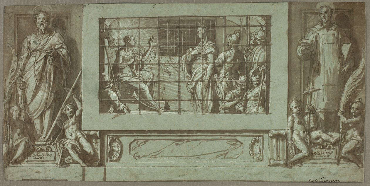 Die heilige Katharina im Gefängnis, die Kaiserin Faustina zum Christentum bekehrt, flankiert von den Heiligen Saturnius und Simon von Federico Zuccaro