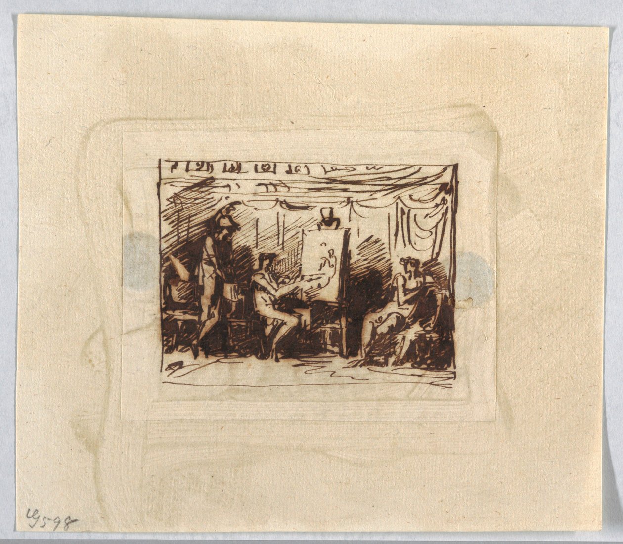 Figurale Szene mit Künstler, der eine weibliche Figur zeichnet, während ein Mann von hinten zuschaut von Felice Giani