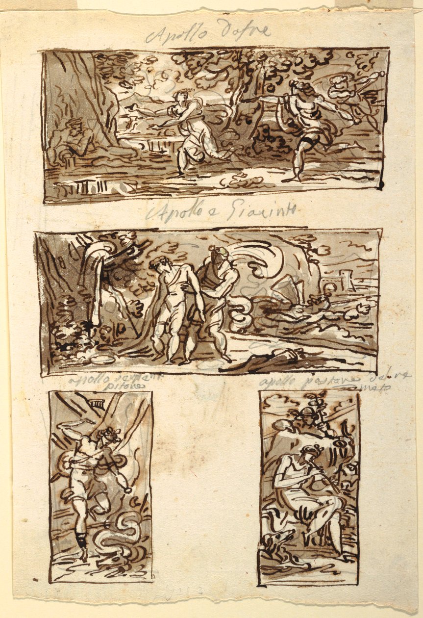Vier Zeichnungen des Mythos von Apollo; Dekoration einer Wand über ...