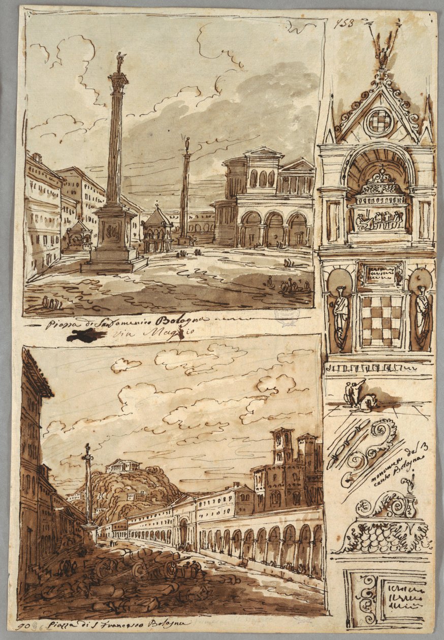 Piazza San Domenico in Bologna; Piazza San Francesco und Villa Aldini in Bologna; Studie des Grabmals der Glossatoren von Felice Giani
