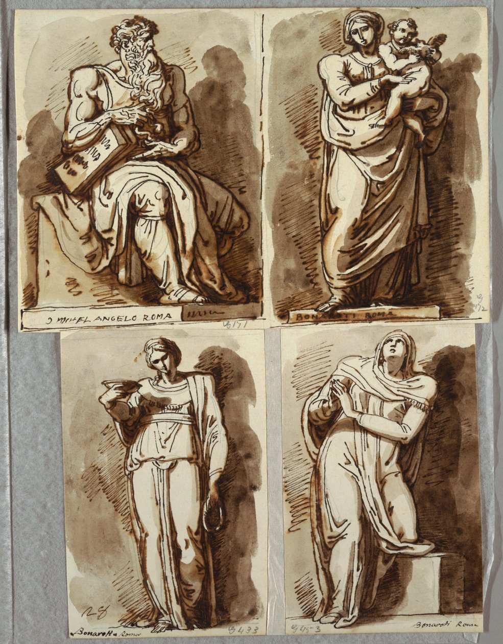 Studien nach vier Statuen auf dem Grabmal von Julius II., nach Michelangelo: Moses; Madonna mit Kind; Leah, Tugend; Rachel, Religion von Felice Giani