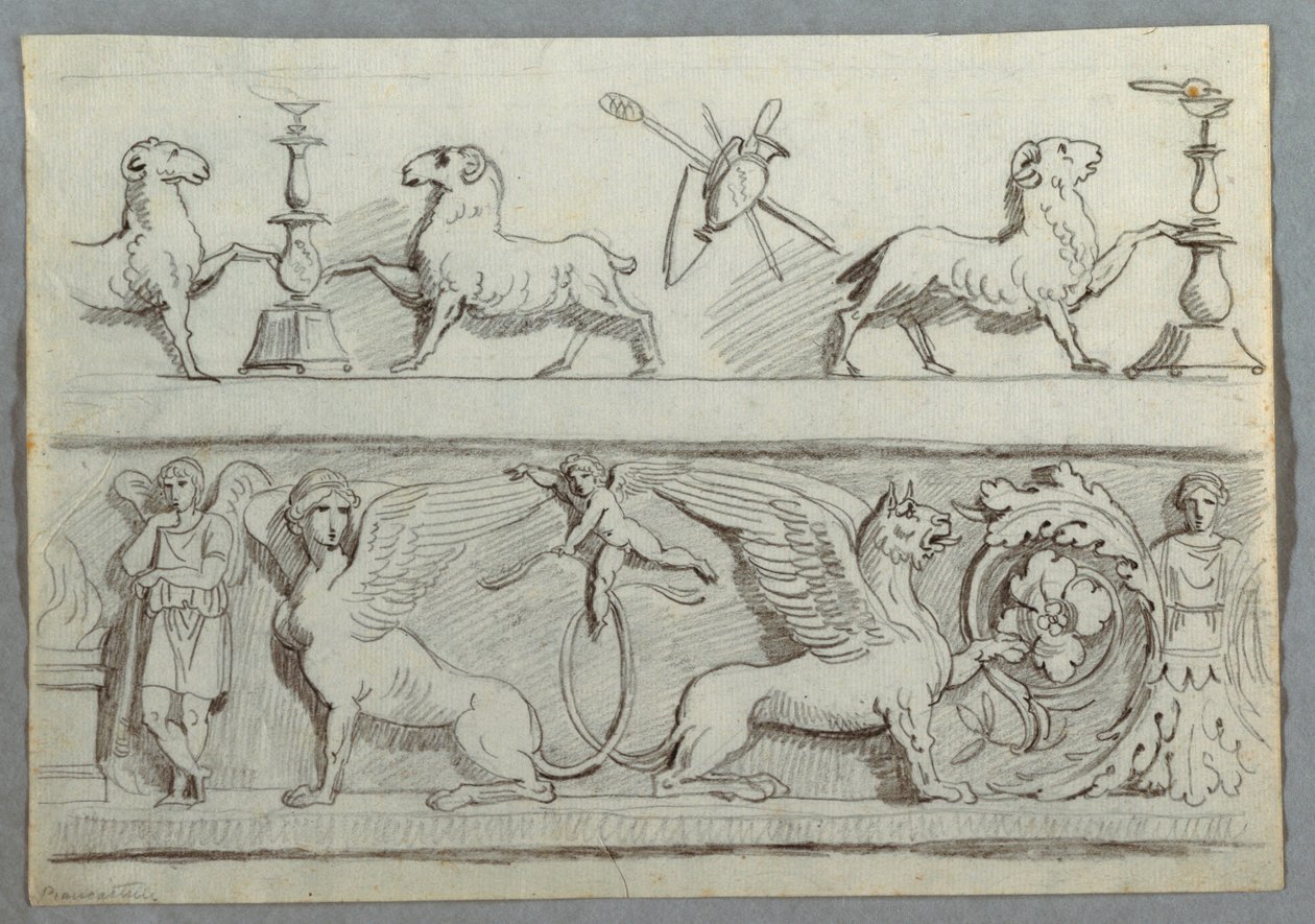 Zwei Friese mit Widdern, Kandelabern, Trophäen und Putti von Felice Giani