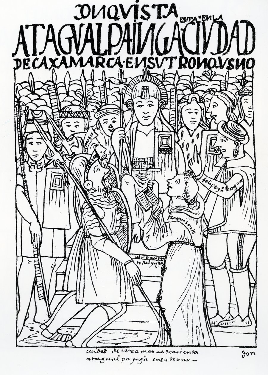 Diego de Almagro, Francisco Pizarro und Pater Vicente de Valverde knien vor Atahualpa Inka in Cajamarca von Felipe Huaman Poma de Ayala