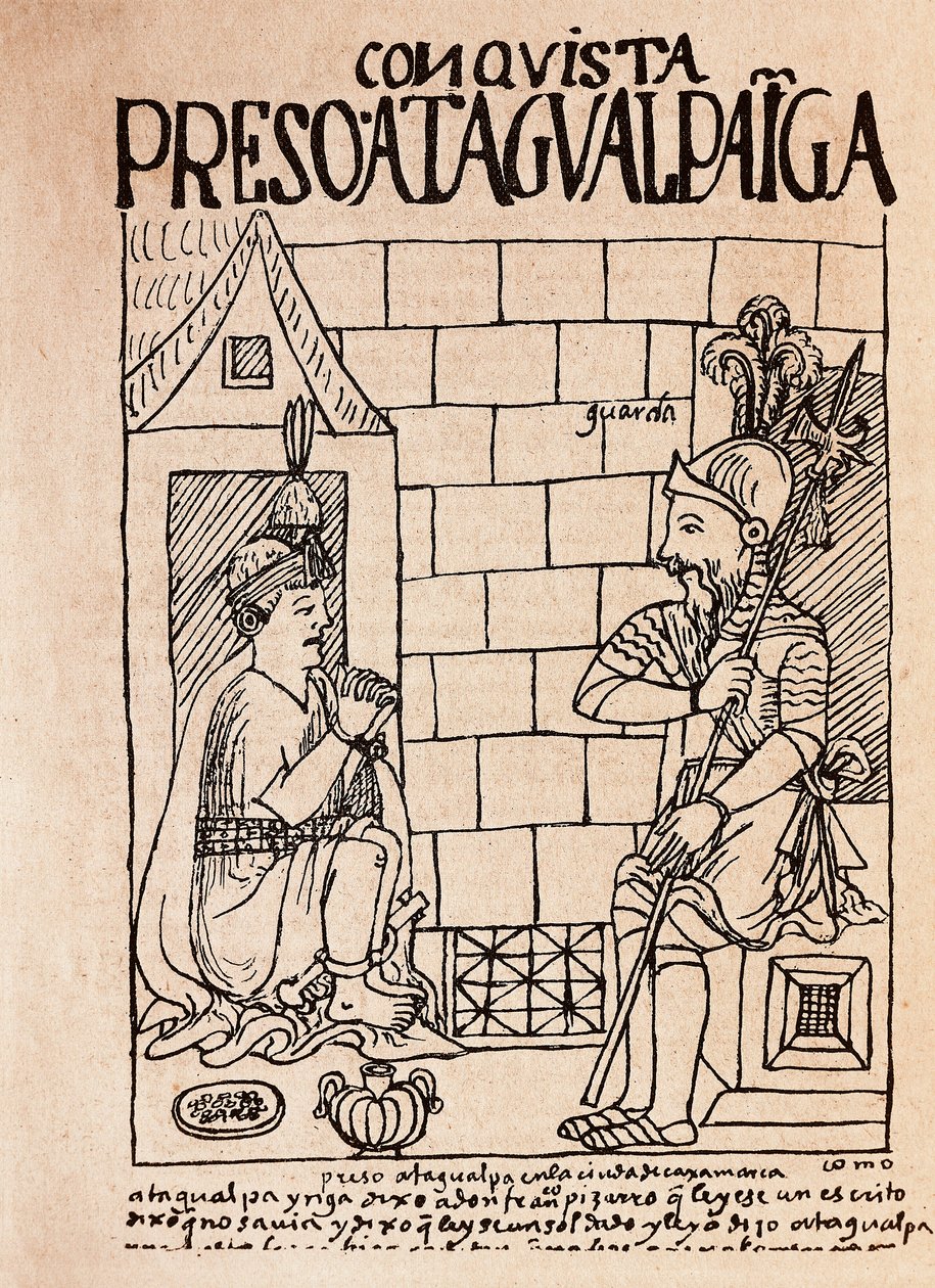 Inka-Kaiser Atahualpa, Gefangener der Konquistadoren in Cajamarca von Felipe Huaman Poma de Ayala